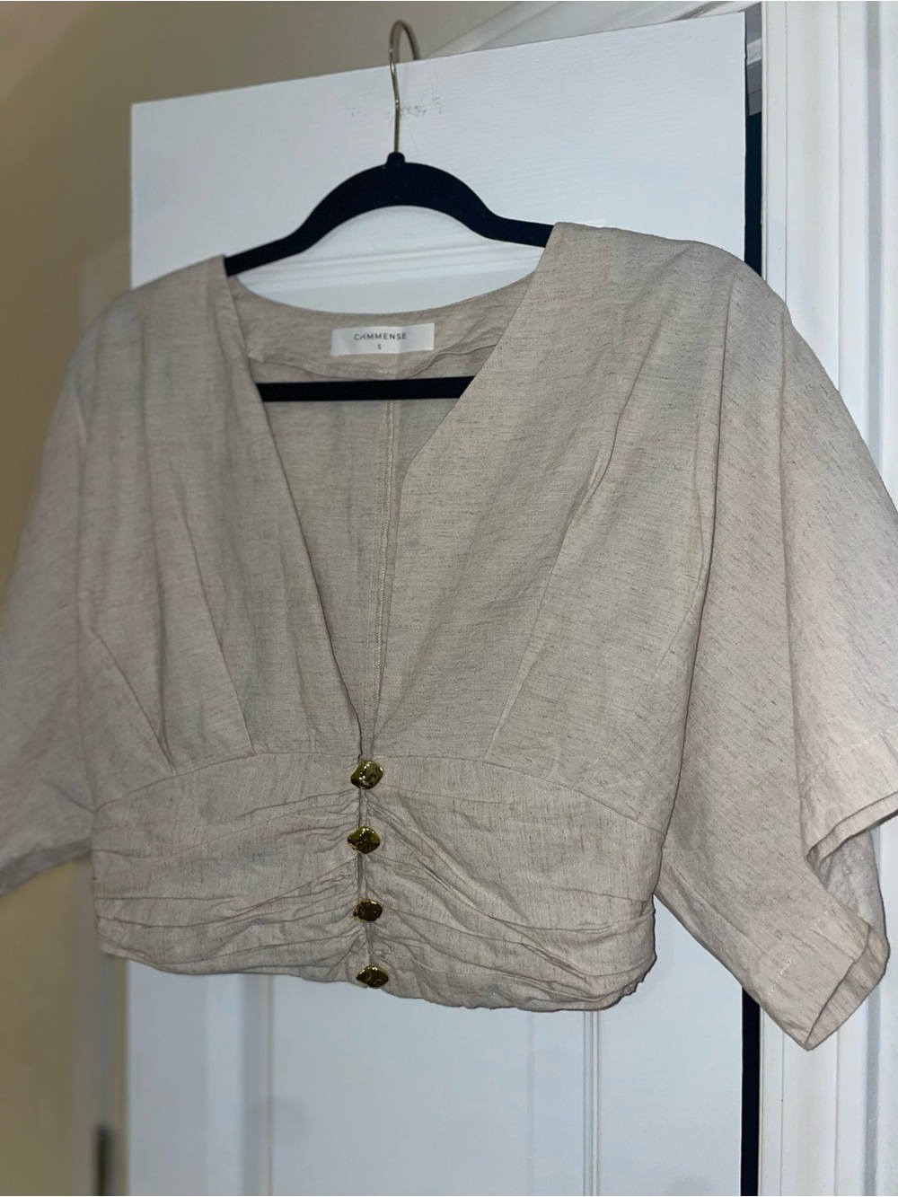 COMMENSE Cotton Linen Blend Ruched Cropped length Top Beige Size S